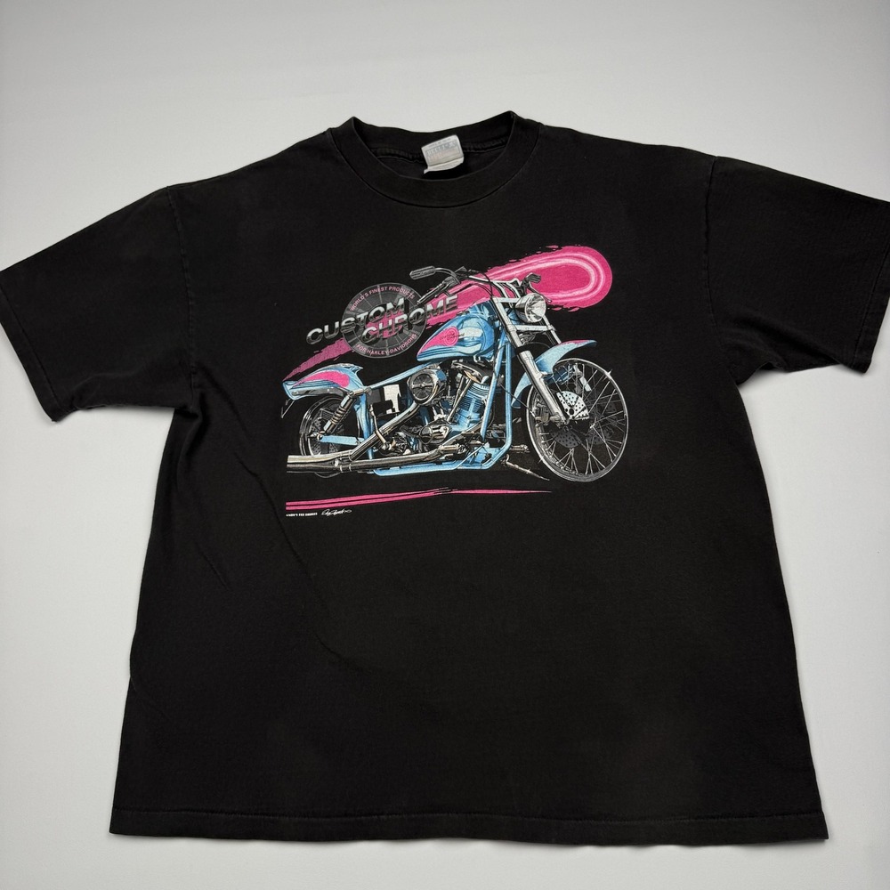 Vintage Custom Chrome Shirt Mens XL Black Harley-Davidson Hanes Biker Tee USA
